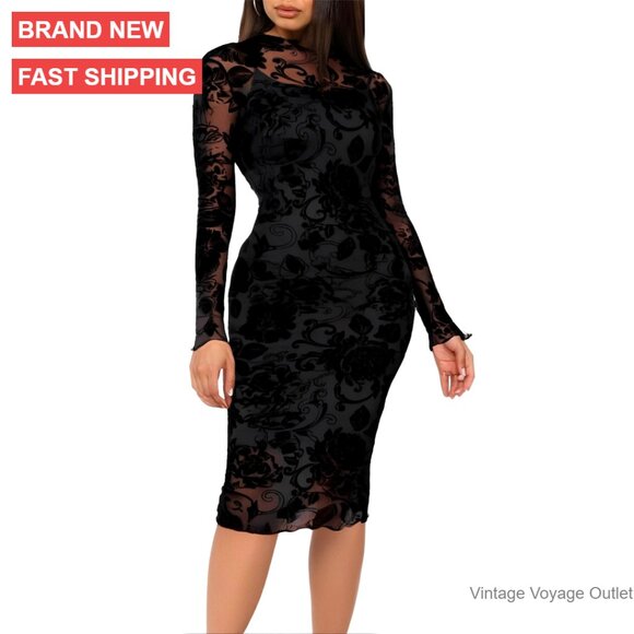 Long Sleeve Mesh Bodycon Midi Dress Set 2 Piece Date Night Outfit